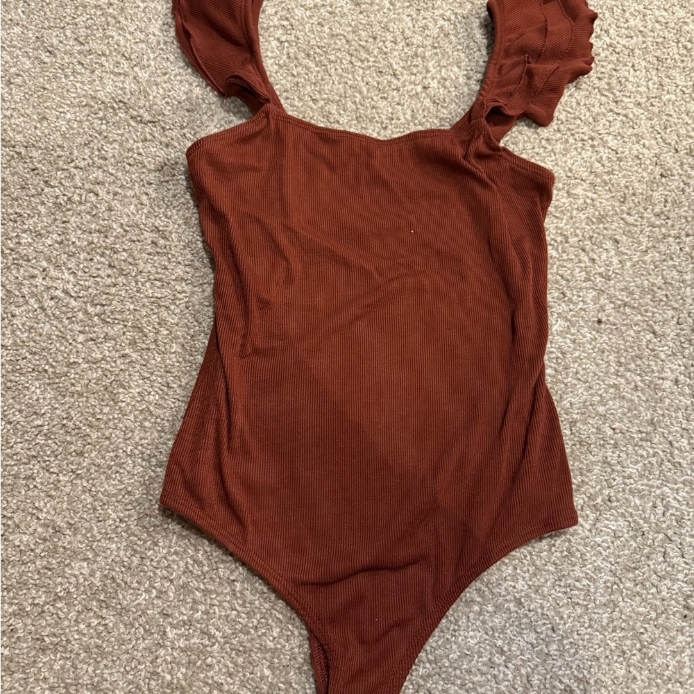 Rust Ruffled Strap Bodysuit with Stretchy Fabric